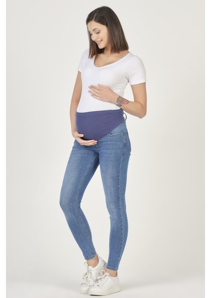 Hamile Esnek Karın Bantlı Skinny Kot Pantolon Mavi