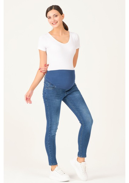 Hamile Esnek Karın Bantlı Skinny Dar Paça Kot Pantolon Lacivert modelleri
