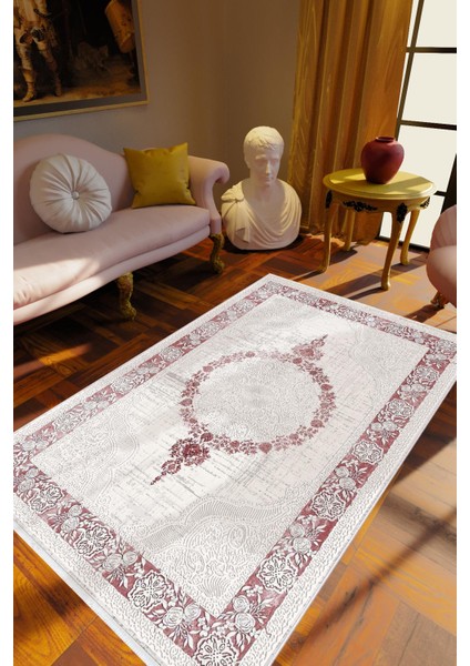 Salon Halısı Salon Halısı Eskitme Bordo Krem Kaydırmaz Kesme Yıkanabilir Ince Halı Tüysüz Kilim