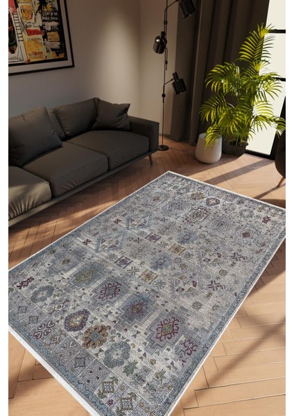 Modern Retro Gri Kaydırmaz Kesme Yıkanabilir Ince Halı