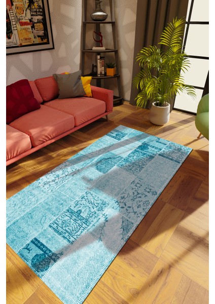 Modern Patchwork Turkuaz Dijital Baskı Halı Kaydırmaz Ince Yıkanabilir