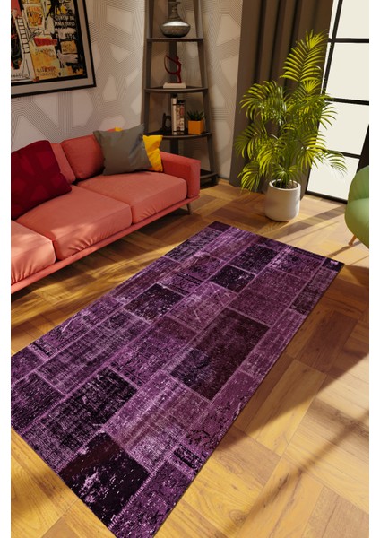 Modern Patchwork Mor Dijital Baskı Halı Kaydırmaz Ince Yıkanabilir