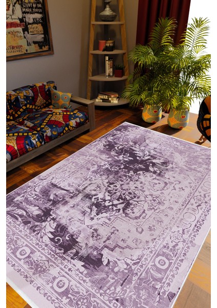Salon Halısı Otantik Eskitme Çiçek Temalı Mor Eflatun Kaydırmaz Yıkanabilir Ince Halı Tüysüz Kilim