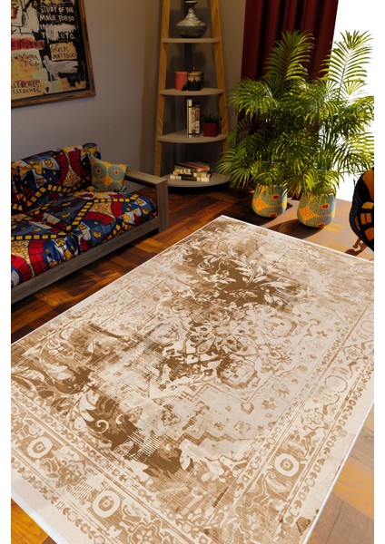 Salon Halısı Otantik Eskitme Çiçek Temalı Kahverengi Kaydırmaz Yıkanabilir Ince Halı Tüysüz Kilim