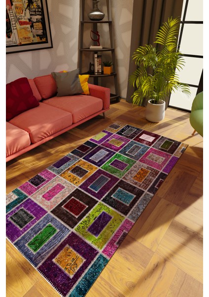 Modern Patchwork Karışık Renkli Dijital Baskı Halı Kaydırmaz Ince Yıkanabilir