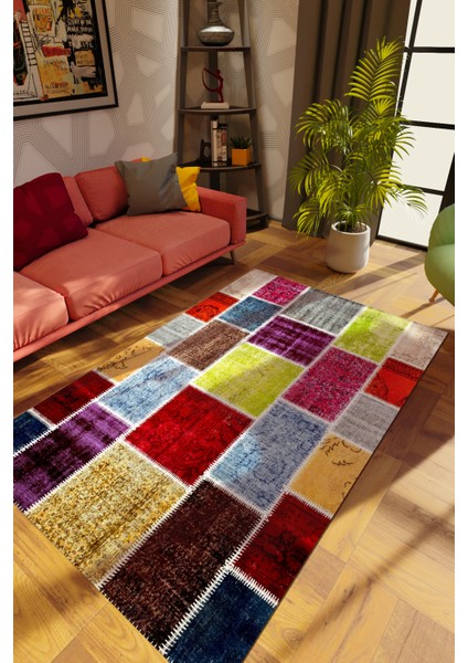Modern Patchwork Karışık Renkli Dijital Baskı Halı Kaydırmaz Ince Yıkanabilir