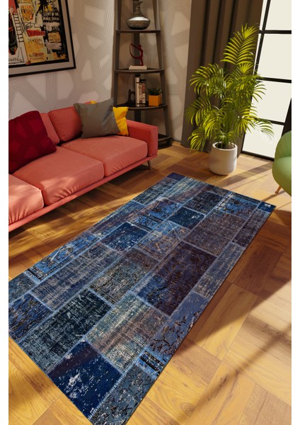 Modern Patchwork Mavi Dijital Baskı Halı Kaydırmaz Ince Yıkanabilir