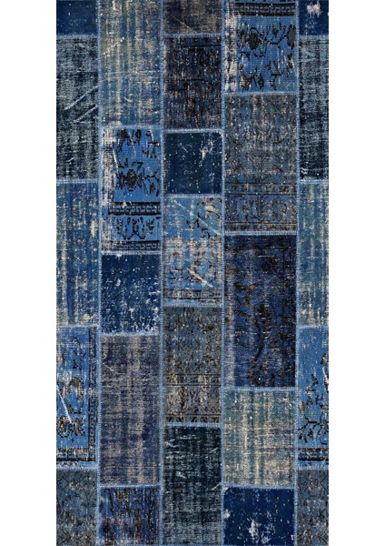 Modern Patchwork Mavi Dijital Baskı Halı Kaydırmaz Ince Yıkanabilir
