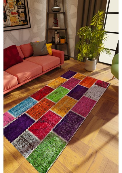 Modern Patchwork Karışık Renkli Dijital Baskı Halı Kaydırmaz Ince Yıkanabilir
