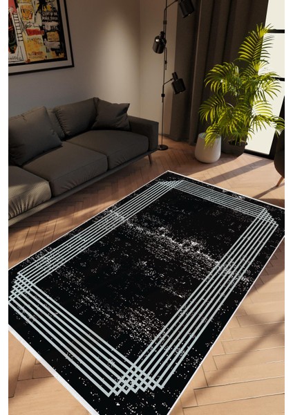 Salon Halısı Modern Geometrik Siyah Beyaz Kaydırmaz Kesme Yıkanabilir Ince Halı Tüysüz Kilim