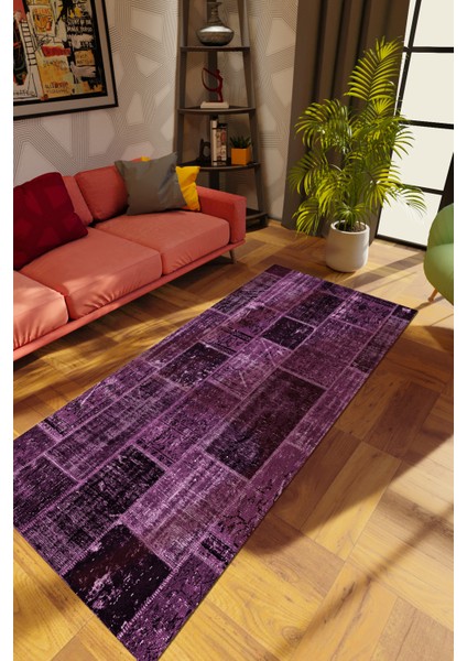 Modern Patchwork Mor Dijital Baskı Halı Kaydırmaz Ince Yıkanabilir