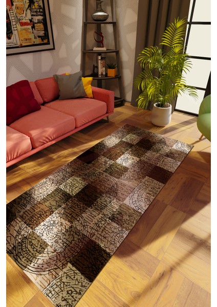 Modern Patchwork Kahverengi Dijital Baskı Halı Kaydırmaz Ince Yıkanabilir