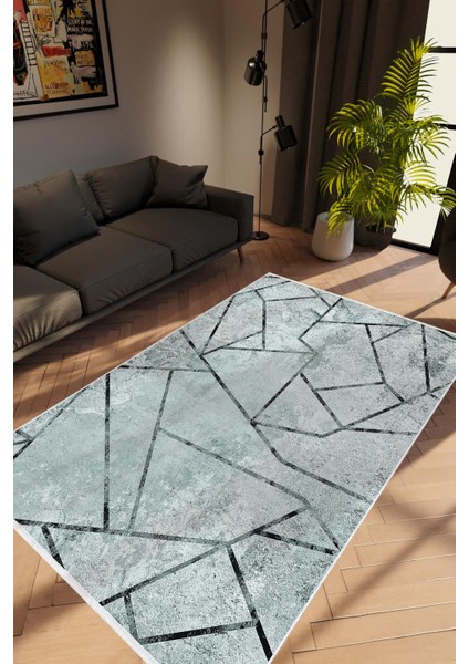 Salon Halısı Modern Geometrik Lacivert Gri Kaydırmaz Kesme Yıkanabilir Ince Halı Tüysüz Kilim