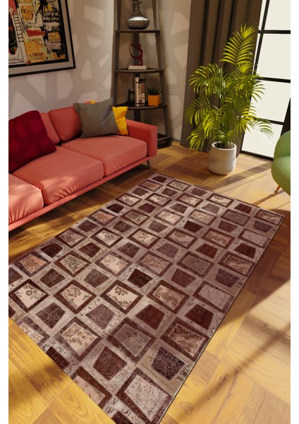 Modern Patchwork Kahverengi Dijital Baskı Halı Kaydırmaz Ince Yıkanabilir
