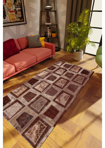 Modern Patchwork Kahverengi Dijital Baskı Halı Kaydırmaz Ince Yıkanabilir