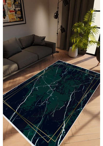 Salon Halısı Modern Çizgili Yeşil Siyah Kaydırmaz Kesme Yıkanabilir Ince Halı Tüysüz Kilim