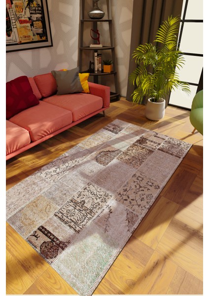 Modern Patchwork Kahverengi Dijital Baskı Halı Kaydırmaz Ince Yıkanabilir