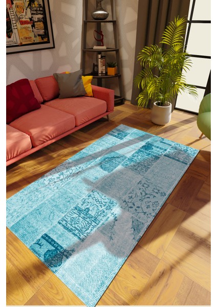 Modern Patchwork Turkuaz Dijital Baskı Halı Kaydırmaz Ince Yıkanabilir