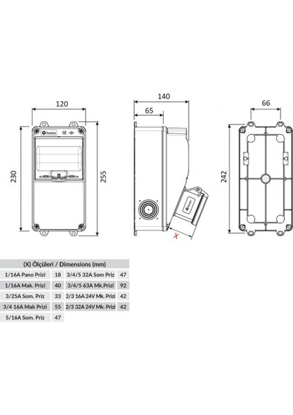 IP44 1 Adet Ön 5/32A 380V 2 Adet Yan 1/16A 220V Prizli V5 Kombinasyon Kutusu BD1-2134-2020
