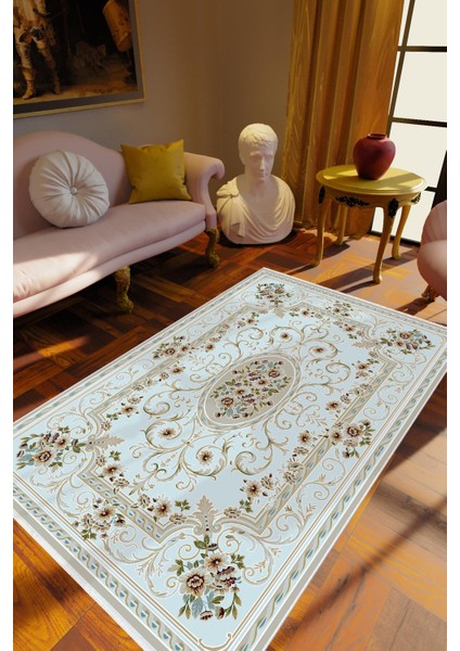Salon Halısı Figürlü Çiçekli Mavi Kaydırmaz Kesme Yıkanabilir Ince Halı Tüysüz Kilim