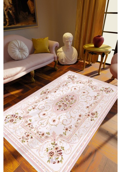Salon Halısı Figürlü Çiçekli Pembe Ekru Kaydırmaz Kesme Yıkanabilir Ince Halı Tüysüz Kilim