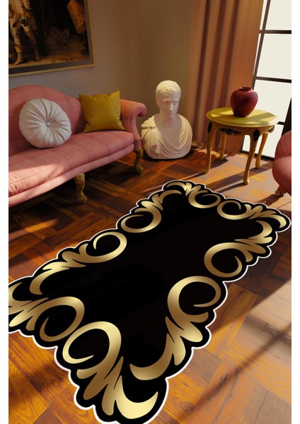 Salon Halısı Klasik Modern Gold Altın Siyah Matalik Kaydırmaz Yıkanabilir Ince Halı Tüysüz Kilim