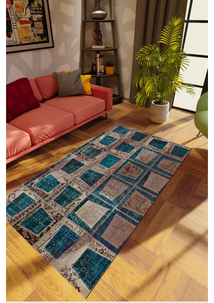 Modern Patchwork Kahverengi Dijital Baskı Halı Kaydırmaz Ince Yıkanabilir