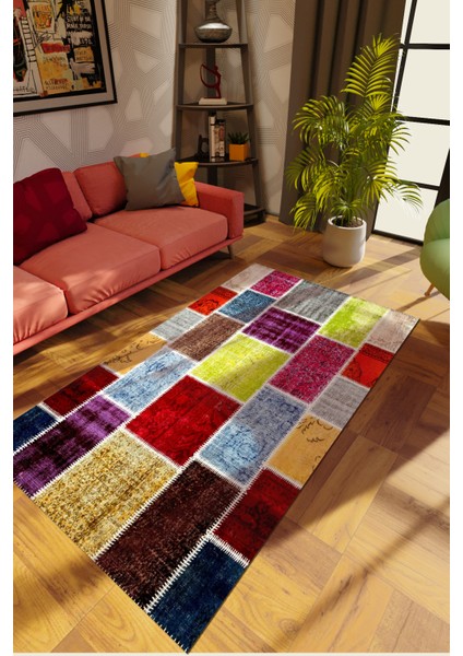 Modern Patchwork Karışık Renkli Dijital Baskı Halı Kaydırmaz Ince Yıkanabilir