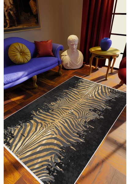 Salon Halısı Klasik Zebra Tema Altın Siyah Kahverengi Gri Kaydırmaz Yıkanabilir Ince Halı Tüysüz