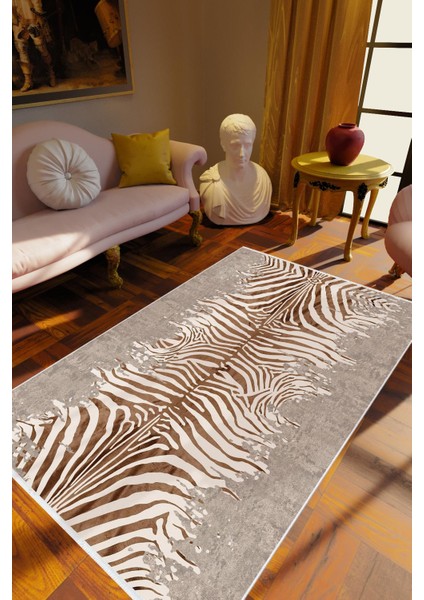 Salon Halısı Klasik Zebra Tema Kahverengi Gri Ekru Kaydırmaz Yıkanabilir Ince Halı Tüysüz Kilim