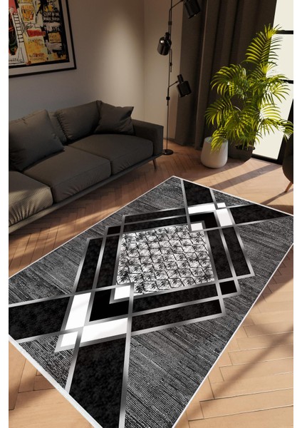 Salon Halısı Modern Geometrik Gümüş Siyah Gri Beyaz Kaydırmaz Yıkanabilir Ince Halı Tüysüz Kilim
