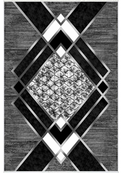Salon Halısı Modern Geometrik Gümüş Siyah Gri Beyaz Kaydırmaz Yıkanabilir Ince Halı Tüysüz Kilim