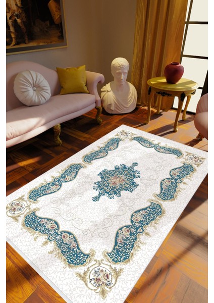 Salon Halısı Figürlü Çiçekli Beyaz Mavi Kaydırmaz Kesme Yıkanabilir Ince Halı Tüysüz Kilim