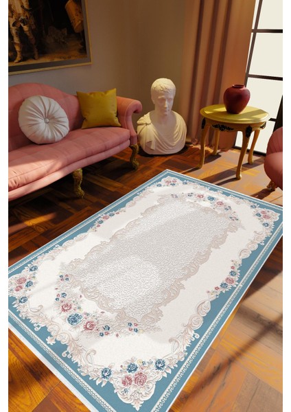 Salon Halısı Figürlü Çiçekli Mavi Krem Kaydırmaz Kesme Yıkanabilir Ince Halı Tüysüz Kilim