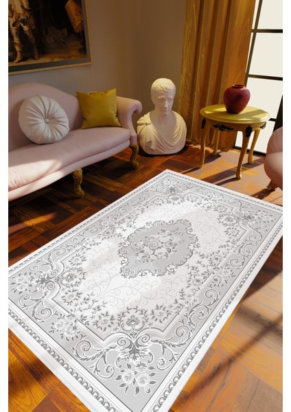 Salon Halısı Figürlü Çiçekli Gri Mavi Kaydırmaz Kesme Yıkanabilir Ince Halı Tüysüz Kilim