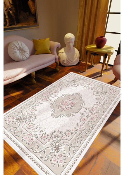 Salon Halısı Figürlü Çiçekli Gri Kaydırmaz Kesme Yıkanabilir Ince Halı Tüysüz Kilim