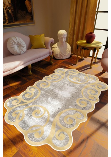 Salon Halısı Klasik Modern Gold Altın Gri Kahverengi Kaydırmaz Yıkanabilir Ince Halı Tüysüz Kilim