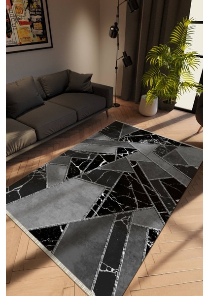 Modern Siyah Dijital Baskı Halı Kaydırmaz Ince Yıkanabilir