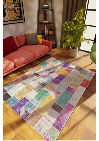 Modern Patchwork Karışık Renkli Dijital Baskı Halı Kaydırmaz Ince Yıkanabilir