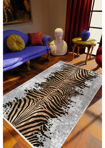Salon Halısı Klasik Zebra Tema Gri Kahverengi Siyah Kaydırmaz Yıkanabilir Ince Halı Tüysüz Kilim