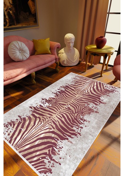 Salon Halısı Klasik Zebra Tema Metalik Gri Bordo Kahverengi Kaydırmaz Yıkanabilir Ince Halı Tüysüz