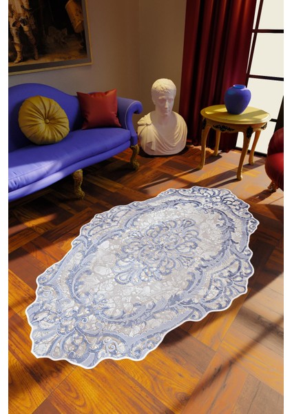 Salon Halısı Klasik Mavi Gri Kaydırmaz Kesme Yıkanabilir Ince Halı Tüysüz Kilim