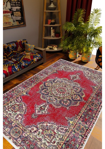 Salon Halısı Otantik Eskitme Bordo Kaydırmaz Kesme Yıkanabilir Ince Halı Tüysüz Kilim