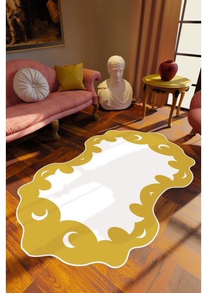 Salon Halısı Klasik Modern Sarı Beyaz Altın Kaydırmaz Kesme Yıkanabilir Ince Halı Tüysüz Kilim