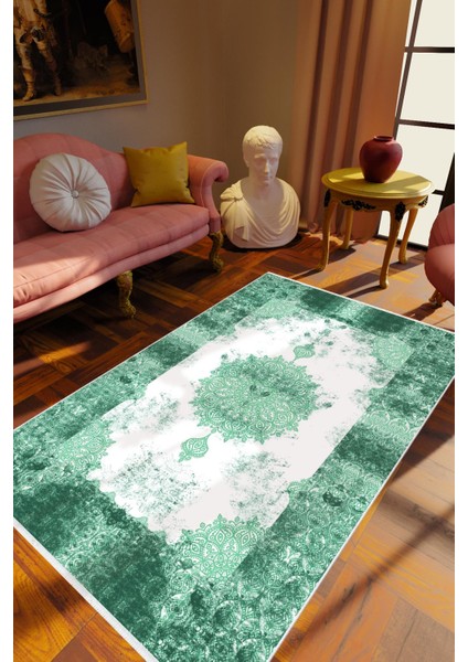 Salon Halısı Klasik Turkuaz Kaydırmaz Kesme Yıkanabilir Ince Halı Tüysüz Kilim