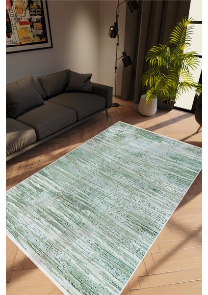 Salon Halısı Doku Eskitme Yeşil Kaydırmaz Kesme Yıkanabilir Ince Halı Tüysüz Kilim