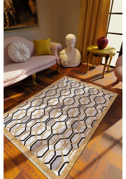 Klasik Gri Dijital Baskı Halı Kaydırmaz Ince Yıkanabilir