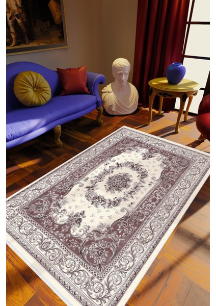 Salon Halısı Figürlü Çiçekli Kahverengi Beyaz Kaydırmaz Kesme Yıkanabilir Ince Halı Tüysüz Kilim
