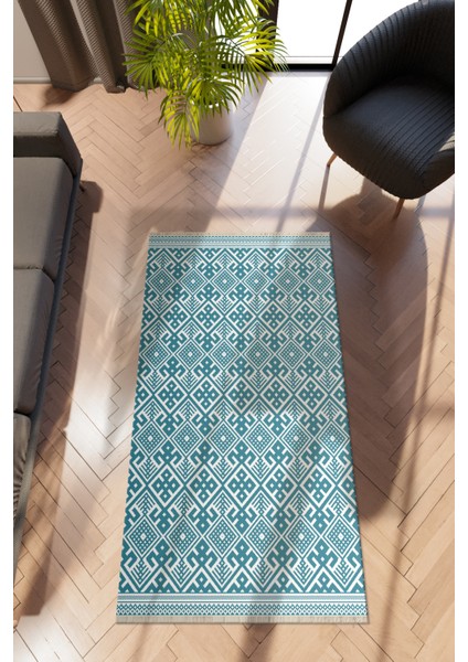 Modern Geometrik Mavi Dijital Baskı Halı Kaydırmaz Ince Yıkanabilir