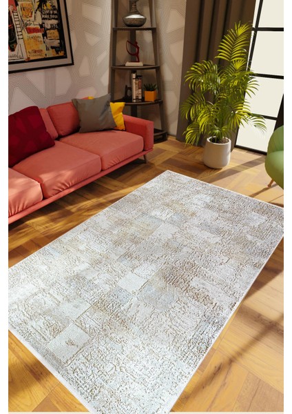 Salon Halısı Doku Eskitme Gri Krem Kaydırmaz Kesme Yıkanabilir Ince Halı Tüysüz Kilim